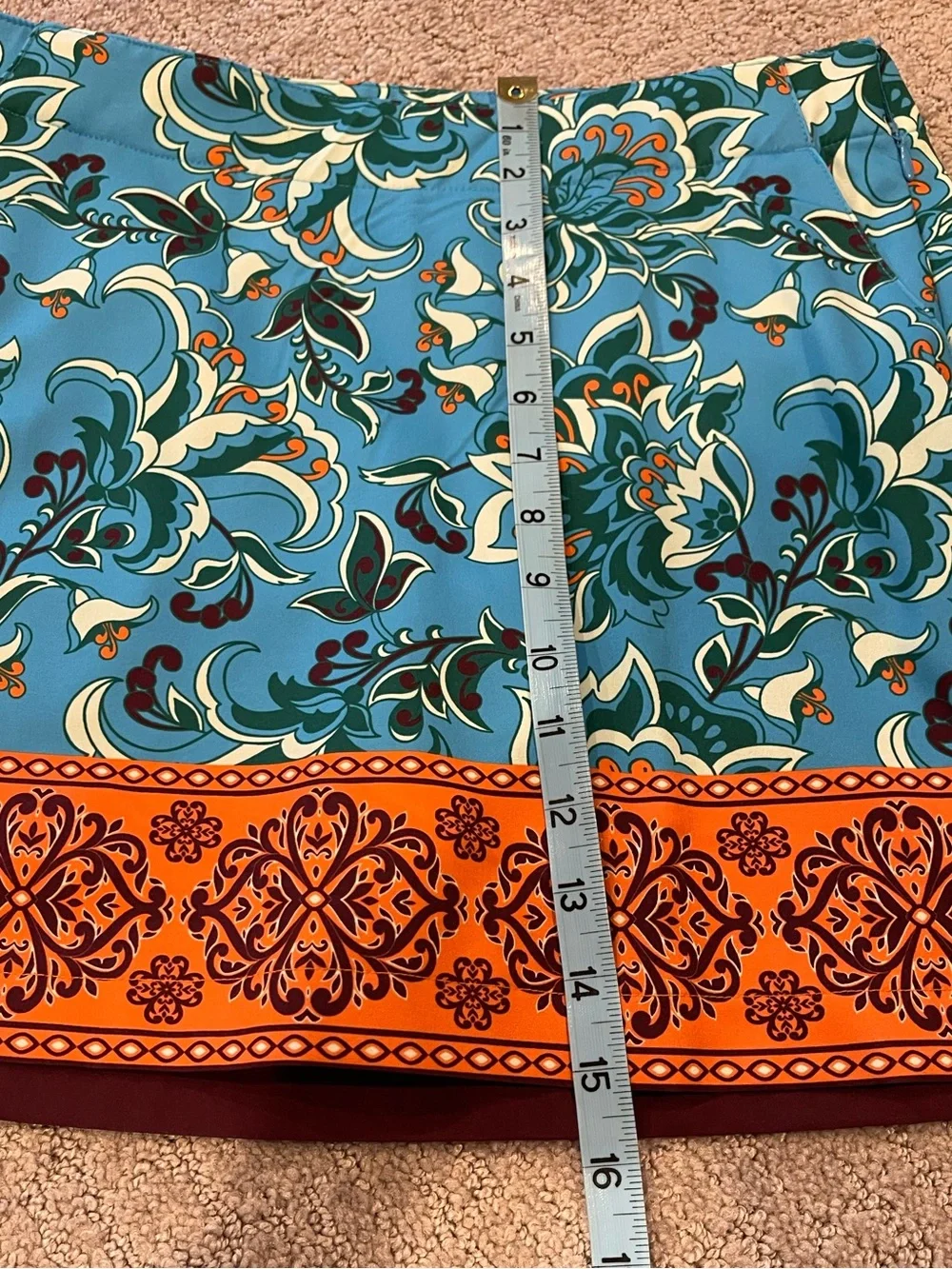 Lady Hagen Turquoise Blue Floral Mini Skirt/Skort with Orange Hem, Size 2